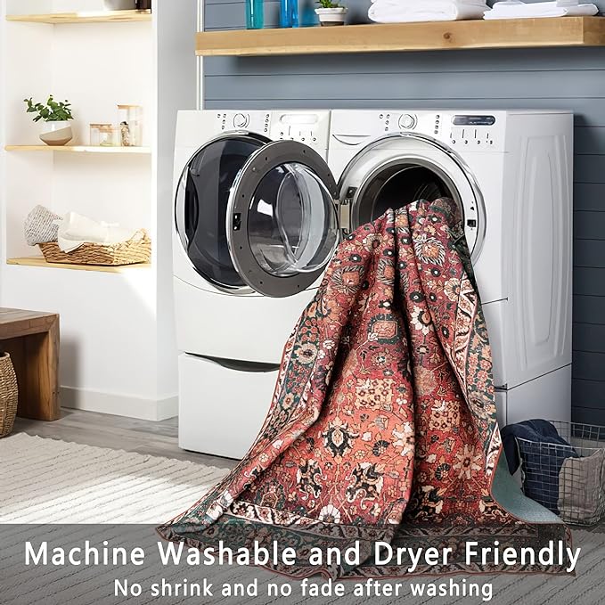 vivorug Round Rug 5ft Vintage Round Area Rug Non-Slip Indoor Carpet for Living Room Bedroom Entryway, Stain Resistant Home Decor Circle Rug, Cherry Red/Spice