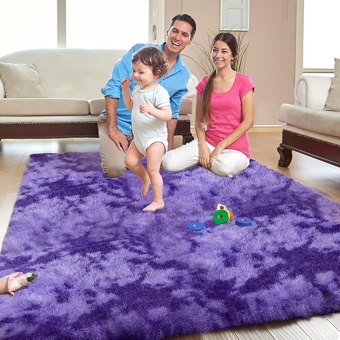 OPPODREAM Round Rugs 5ft for Play Room, Ultra Soft Circle Rug for Bedroom, 5 ft Fluffy Kids Carpet with 0.4" Thick Non-Slip Backing, Long Pile Shag Carpet, Fuzzy, Shaggy, Tie-dye Purple & Blue