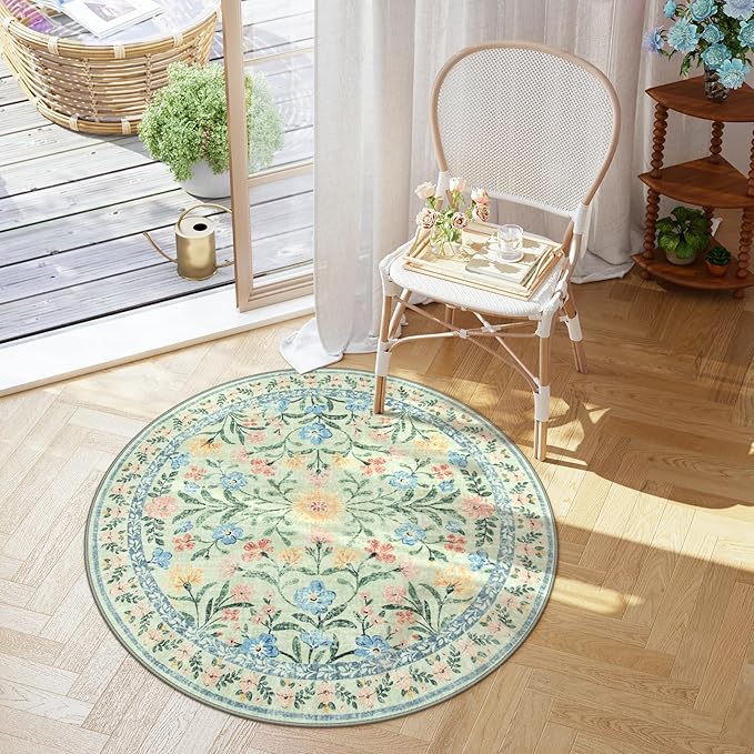 Lahome Green Round Rug for Bedroom 4ft, Sage Washable Small Kids Bathroom Circle Rug, Boho Nursery Circular Carpet Girl, Soft Non-Slip Carpet for Kids Room Sunroom