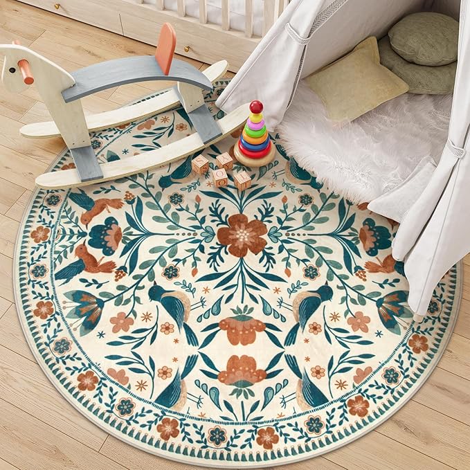 Moynesa Floral Bird Round Rug 6ft Washable Circle Rug Non Slip,Modern Bohemian Area Rugs for Bedroom Reading Coner,Farmhouse Living Dining Room Aesthetic Carpet Retro Home Decor