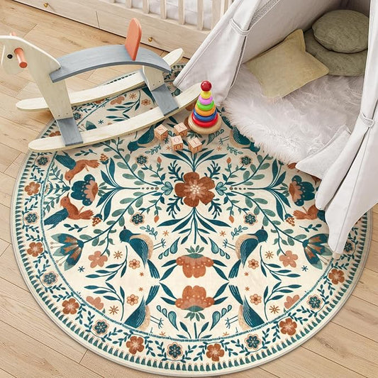 Moynesa Floral Bird Round Rug 6ft Washable Circle Rug Non Slip,Modern Bohemian Area Rugs for Bedroom Reading Coner,Farmhouse Living Dining Room Aesthetic Carpet Retro Home Decor