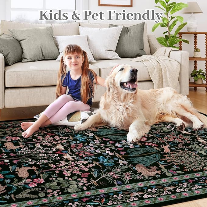 OJIA Living Room Rug 5x7 Area Rugs for Bedroom, Soft Black Washable Rugs Floral Animal Print Ultra-Thin Non-Slip Carpet Non-Shedding Indoor Boho Carpet Kids Rugs for Playroom Nursery Farmhouse