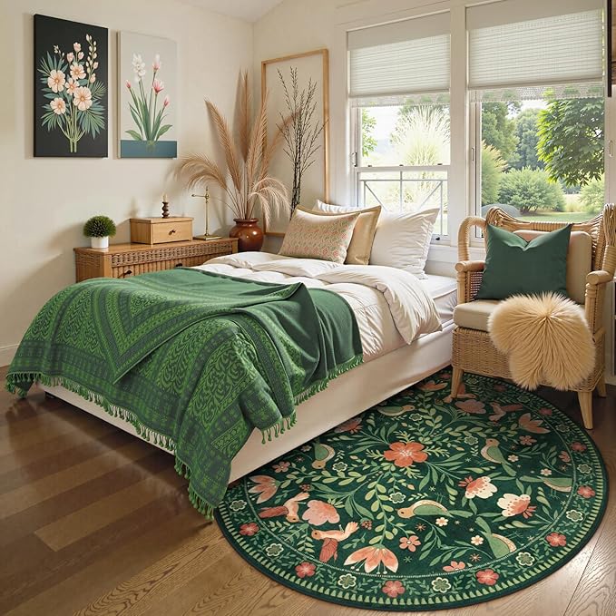Moynesa Floral Bird Round Rug 6ft Washable Circle Rug Non Slip,Modern Cottage Green Area Rugs for Bedroom Reading Coner,Farmhouse Living Dining Room Aesthetic Carpet Vintage Home Decor