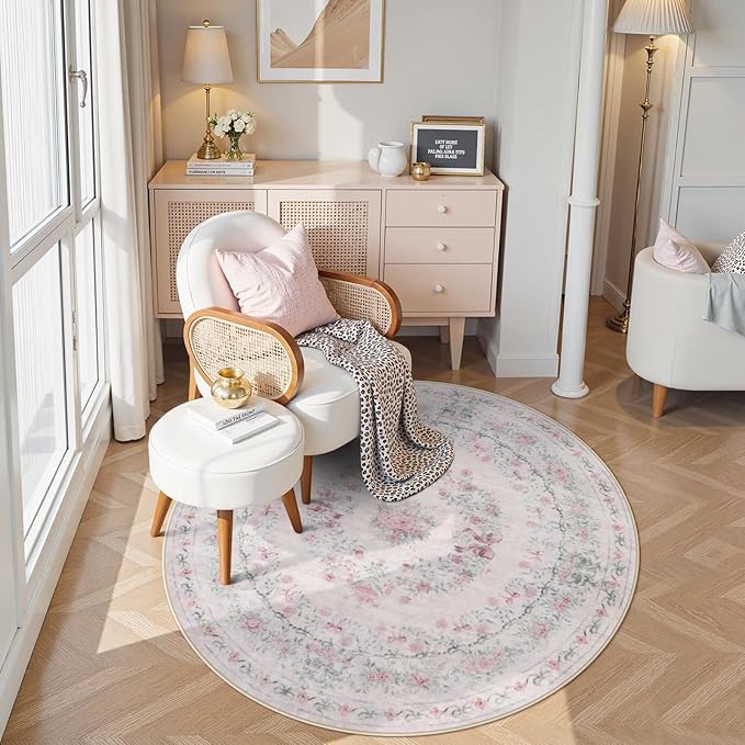 Wonnitar Pink Washable Round Rugs 6ft, Bow Round Area Rug for Bedroom, Ultra-Thin Non Slip Soft Boho Floral Circle Carpet for Teen Girl Room Kids Nursery Living Room Decor, Light Pink