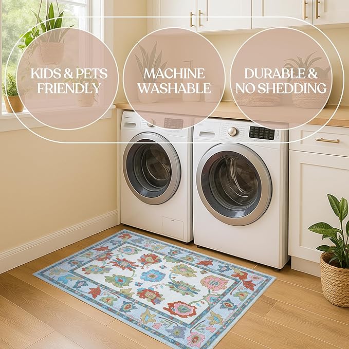 Fame Living Colorful Oushak Rug, Modern, Vintage, Turkish, Eclectic, Floral, Pastel, Washable, Large Area Rugs for Living Room, Dining, Bedroom, Girls, Boys, 7'5"x9'8"