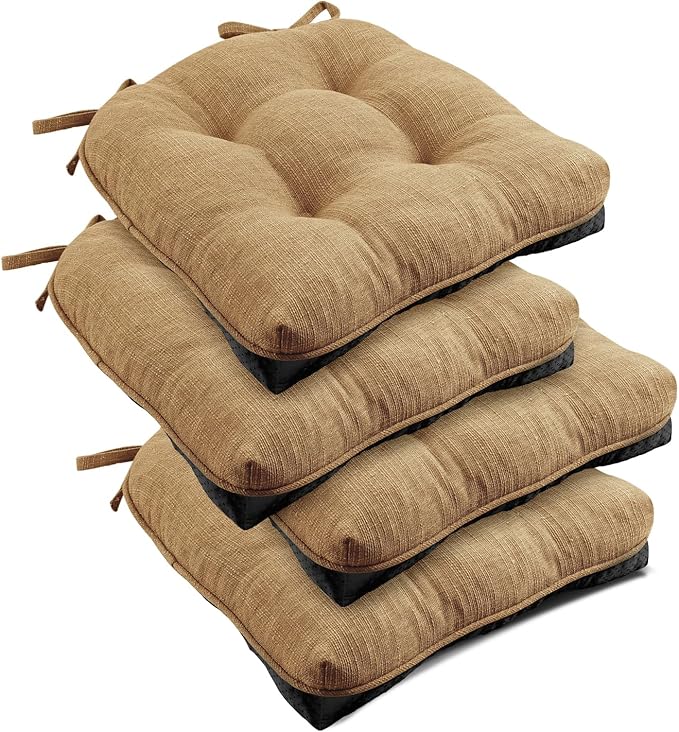 downluxe Indoor Chair Cushions for Dining Chairs, Tufted Overstuffed Textured Foam Kitchen Chair Pads with Ties and Non-Slip Backing, 15.5" x 15.5" x 4", Taupe, 4 Pack