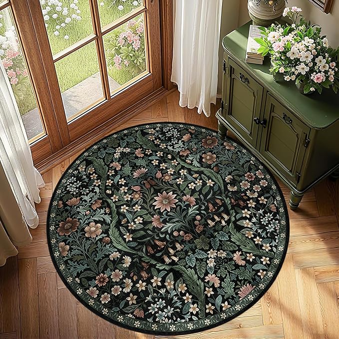Round Rug 4ft Black Washable Floral Circle Rug,Vintage Boho Botanical Round Area Rugs, Non-Slip Soft Low-Pile Circular Carpet for Bedroom,Kids Room,College Dorm,Home Decor