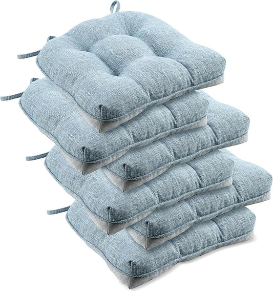 downluxe Indoor Chair Cushions for Dining Chairs, Tufted Overstuffed Textured Foam Kitchen Chair Pads with Ties and Non-Slip Backing, 15.5" x 15.5" x 4", Light Blue, 6 Pack