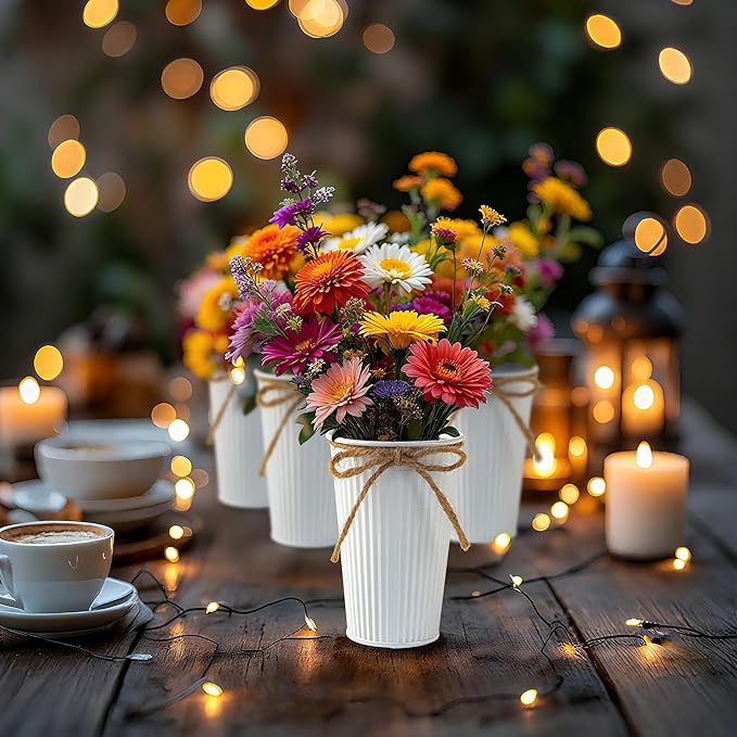 24Pcs Small Galvanized Metal Vases for Centerpieces White Flower Buckets with Twine Bow 4 Inch Artificial Floral Vase in Bulk Rustic Home Decor