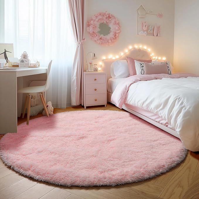 ONASAR Light Pink Round Area Rugs 4ft for Bedroom Living Room, Washable Fluffy Circle Rug for Kids Girls Boys Teen, Soft Plush Shaggy Carpet for Nursery Dorm Classroom Playroom Home Decor Aesthetic