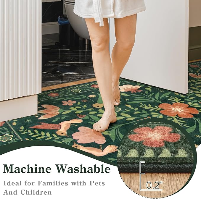 Moynesa Floral Bird Round Rug 6ft Washable Circle Rug Non Slip,Modern Cottage Green Area Rugs for Bedroom Reading Coner,Farmhouse Living Dining Room Aesthetic Carpet Vintage Home Decor