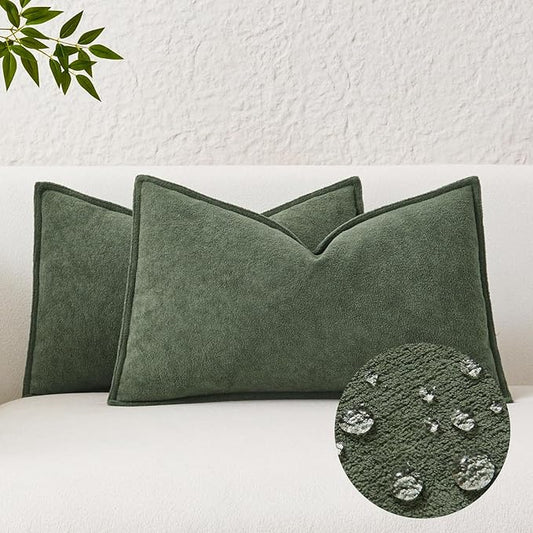 Kevin Textile Waterproof Decorative Pillow Covers Olive Green 12x20 Inch Pack of 2 Soft Boucle Textured Lumbars Cushions Elegant Accent Pillows for Couch Sofa Chair Bed Home Decor Indoor Outdoor