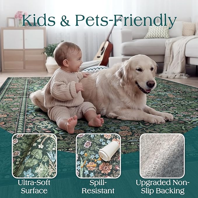 Green Round Rugs 6ft - Soft Washable Boho Floral Bedroom Circle Rug Stain Resistant Botanical Dining Room Rugs for Under Round Table Vintage Area Rug for Living Room Office Kid Room