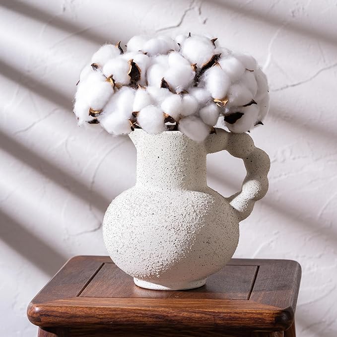 Rustic Farmhouse Flower Large Ceramic Vase, Vintage Pampas Grass Vases, Antique White Decorative Ceramic Flower Vase for Home Decor, Table, Living Room, Entryway, Wedding - Distressed Design, 6.9 Inch