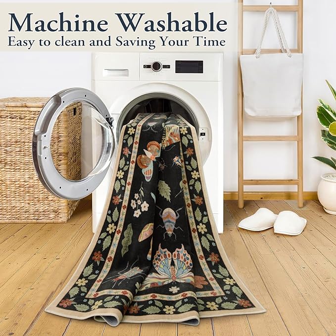 Lahome Insect Washable Round Rugs, Non-Slip Soft Round Rug 4ft Ultra-Thin, Small Boho Circle Carpet for Entryway Kitchen Bedroom Nursery Bathroom, Black