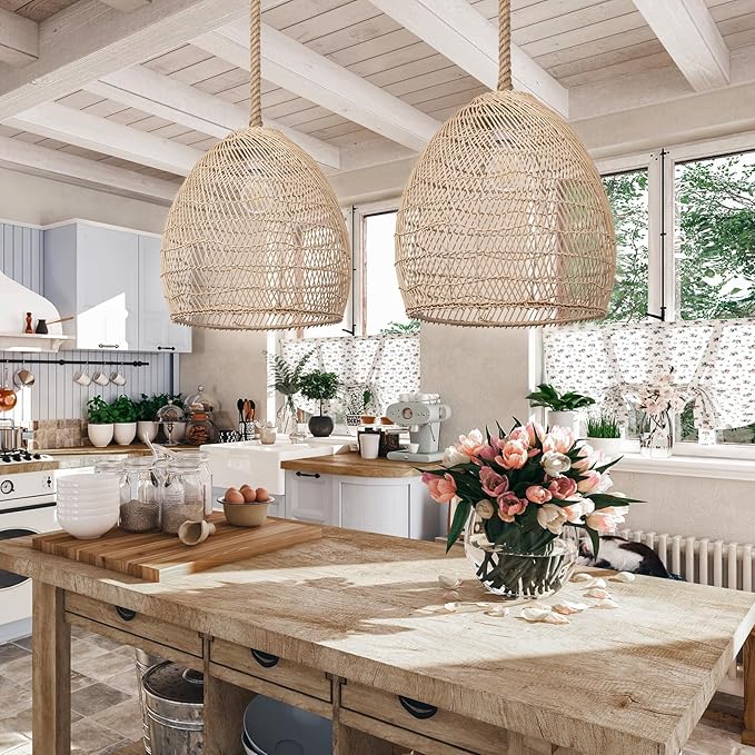 1 Light Boho Chandelier Rattan Dining Lighting Fixture, 13.77''W Woven Hemp Rope Kitchen Pendant Light, Coastal Wicker Natural Ceiling Hanging Lamp Crafts Lampshade for Bedroom Living Room