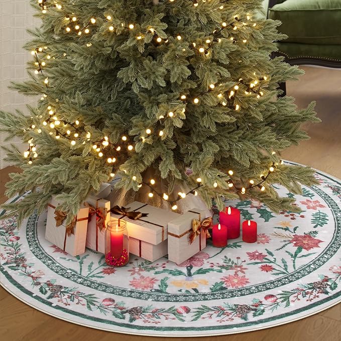 Lahome Christmas Round Rug 5ft, Washable Botanical Christmas Dining Room Decor for Under Table, Whimsical Holly Berries Circle Mats for End of Bed Coffee Table