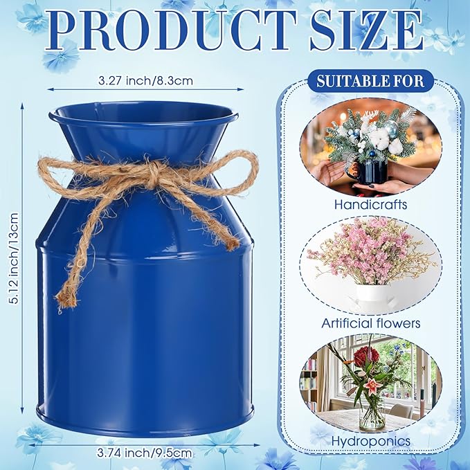 Domensi 5.12 Inch Farmhouse Metal Flower Vase Decor Rustic Galvanized Milk Can Jug Vase with Bow Flower Buckets for Table Centerpiece Fall Halloween Wedding Home Dinging Room Decor(Dark Blue,12 Pcs)