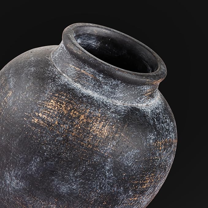 Ceramic Flower Vase, 6.7 Inch Rustic Farmhouse Decorative Vase Pottery Pampas Grass Vases for Home Decor Table Living Room Entryway Mantel Bookshelf Bedroom Bathroom Kitchen - Black