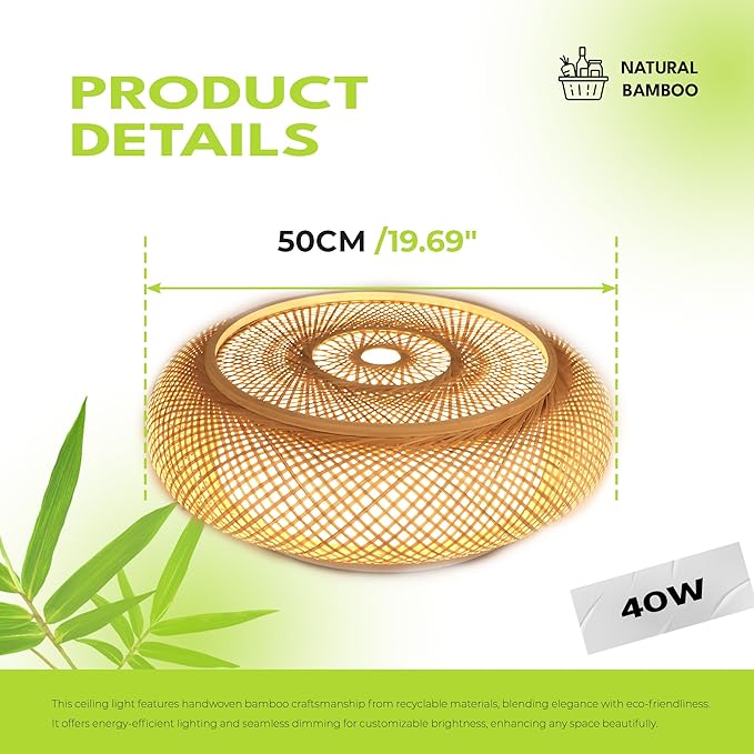 Bamboo LED Ceiling Light Fixtures Smart Ceiling Light Voice Control Boho Flush Mount Ceiling Light Dimmable with Remote Handmade Bamboo Woven Ceiling Lights for Bedroom Living Room 19.6 Inch