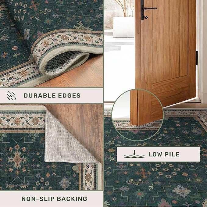 Dark Green Vintage 7x10 Washable Rugs for Living Room - Dark Academia Victorian Floral Geometric Bedroom Rug, Ultra Soft Thin Low Pile Non-Slip Large Rugs for Lounge