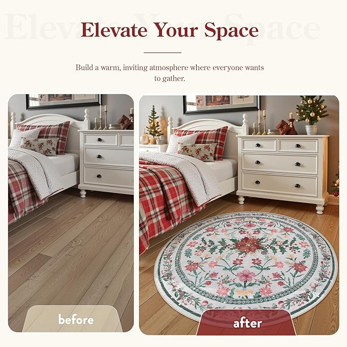 Lahome Christmas Round Rug 5ft, Washable Botanical Christmas Dining Room Decor for Under Table, Whimsical Holly Berries Circle Mats for End of Bed Coffee Table