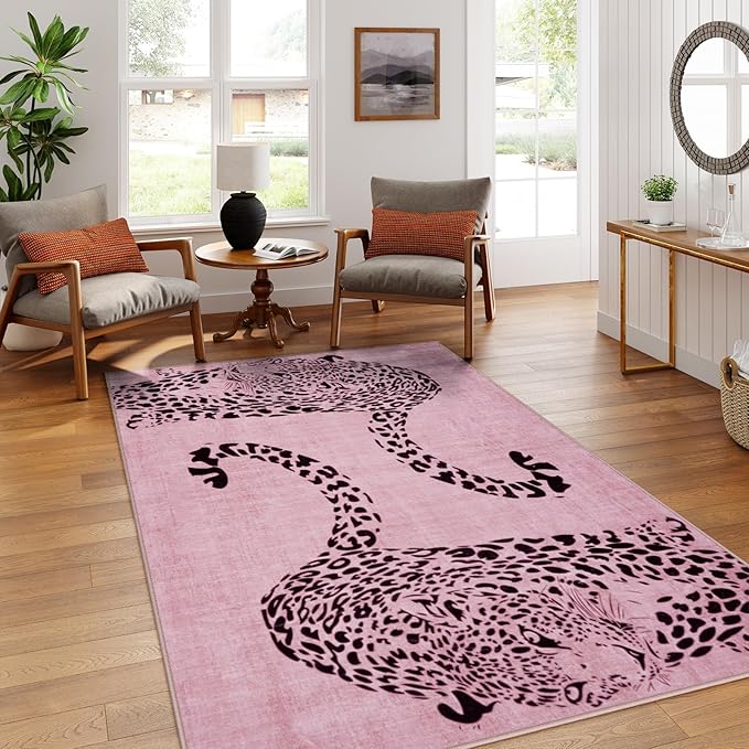 OJIA Leopard Print 5x7 Area Rugs for Living Room, Soft Washable Rugs for Bedroom Ultra-Thin Non-Slip Moden Pink Rug, Stain Resistant Nursery Rug Carpet for Kids Playroom Classroom Dining Room
