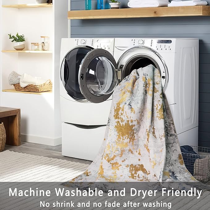 vivorug Round Rug 5ft Abstract Round Area Rug Non-Slip Indoor Carpet for Living Room Bedroom Entryway, Stain Resistant Home Decor Circle Rug, Grey/Mustard