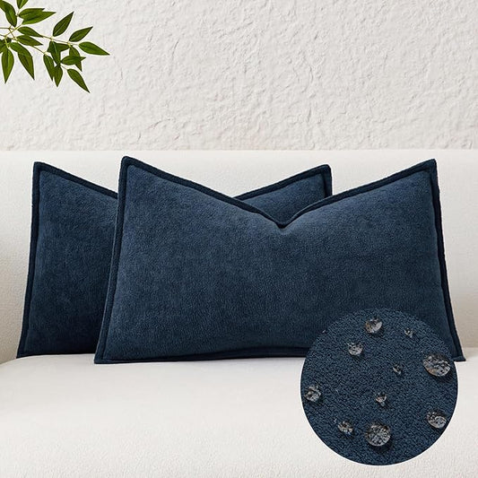 Kevin Textile Waterproof Decorative Pillow Covers Navy Blue 12x20 Inch Pack of 2 Soft Boucle Textured Lumbars Cushions Elegant Accent Pillows for Couch Sofa Chair Bed Home Decor Indoor Outdoor