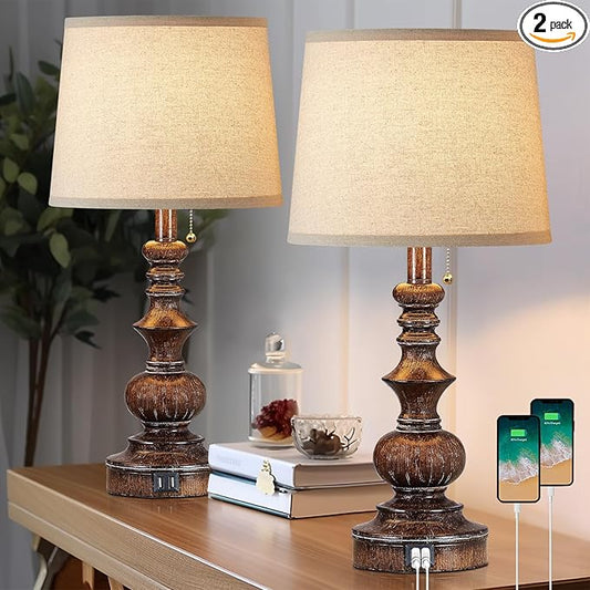 Vintage Bedside Table Lamps Set of 2 for Bedroom Nightstand Lamps with USB Charging Ports Rustic Farmhouse Small Table Lamp for Living Room End Tables Brown Wooden Finish, Pull Chain
