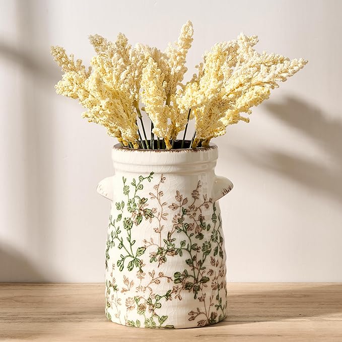 SIDUCAL Ceramic Green and Beige Retro Vase with Two-Ear, 7.6 Inch Ice Cracked Vintage Pastoral Vase, Rustic Farmhouse Vases for Home Decor, Table, Living Room, Shelf Decor, Chinoiserie Decor