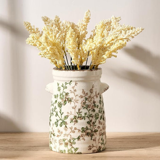 SIDUCAL Ceramic Green and Beige Retro Vase with Two-Ear, 7.6 Inch Ice Cracked Vintage Pastoral Vase, Rustic Farmhouse Vases for Home Decor, Table, Living Room, Shelf Decor, Chinoiserie Decor