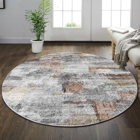 vivorug Round Rug 5ft Abstract Round Area Rug Non-Slip Indoor Carpet for Living Room Bedroom Entryway, Stain Resistant Home Decor Circle Rug, Grey/Rust