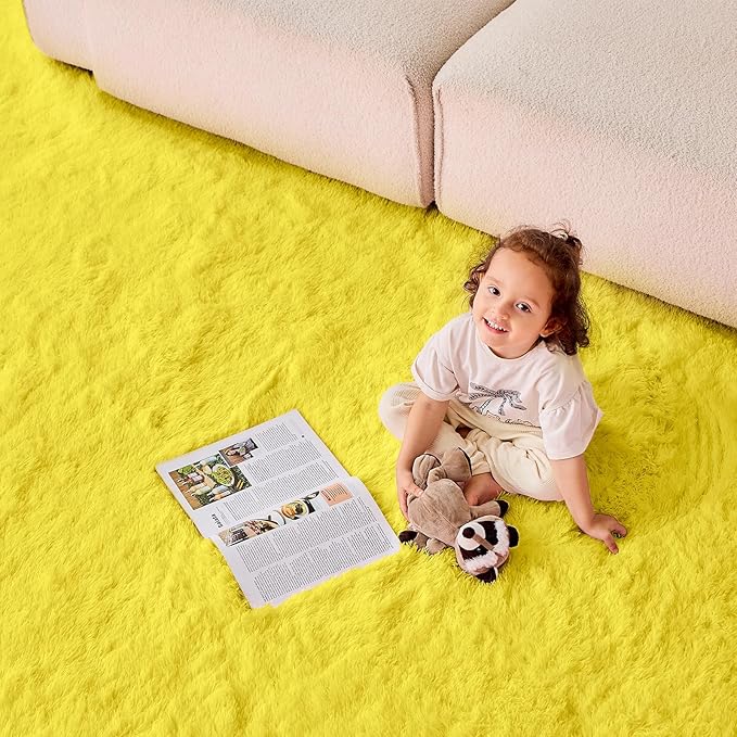 OPPODREAM 4ft Yellow Circle Rug for Bedroom, Ultra-Soft Round Rugs 4-ft for Living Room, Fluffy Carpet for Nursery, Kids, Girl, Boy, Baby, Plush, Fuzzy, Shag, Shaggy, Cute Home Decor
