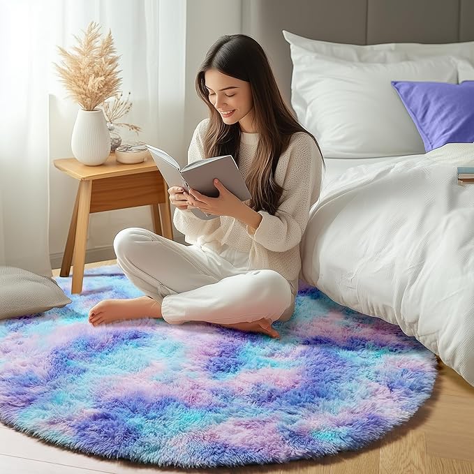 ONASAR Rainbow Round Area Rugs 6ft, Fluffy Soft Bedroom Circle Rug for Kids Girls Boys Teen Room, Plush Shaggy Floor Carpet Mats for Dorm Nursery Living Room Playroom Home Decor Aesthetic