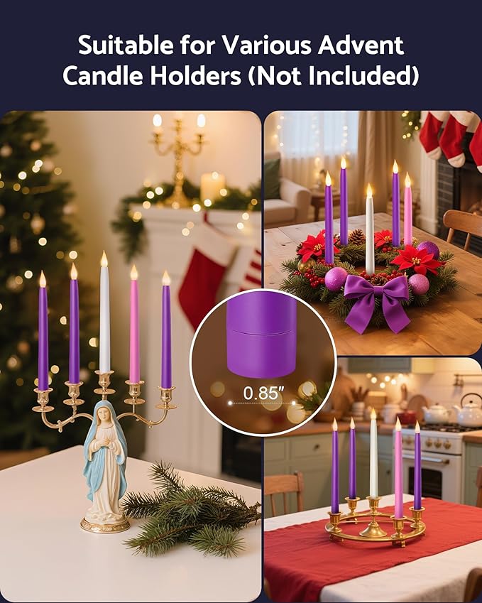 10.5'' Advent Candles Battery Operated Set of 4 with Remote, Timer & Dimmer, Plastic Flameless LED Taper Candlesticks for Advent Wreath, Christmas Table Centerpiece Decor