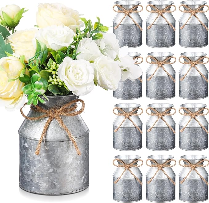Domensi 5.12 Inch Farmhouse Metal Flower Vase Decor Rustic Galvanized Milk Can Jug Vase with Bow Flower Buckets for Table Centerpiece Fall Halloween Wedding Home Dinging Room Decor(Iron Color,12 Pcs)