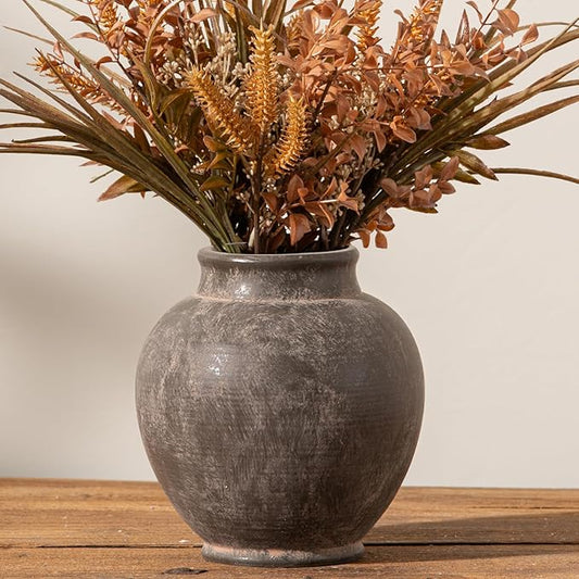 Ceramic Flower Vase, 6.7 Inch Rustic Farmhouse Decorative Vase Pottery Pampas Grass Vases for Home Decor Table Living Room Entryway Mantel Bookshelf Bedroom Bathroom Kitchen - Brown