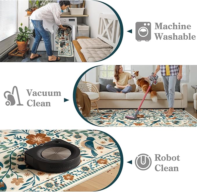 Moynesa Floral Bird Round Rug 6ft Washable Circle Rug Non Slip,Modern Bohemian Area Rugs for Bedroom Reading Coner,Farmhouse Living Dining Room Aesthetic Carpet Retro Home Decor