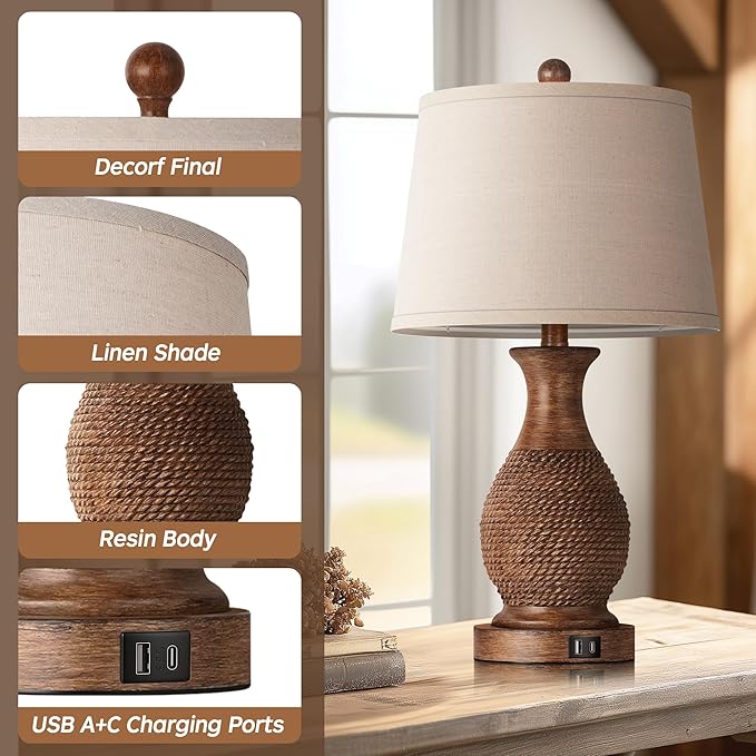 PARTPHONER Table Lamps Set of 2, Bedside Touch Lamp with USB C+A Charging Ports, Side Table Lamp with Linen Fabric Shade (LED Bulbs Included), Wood