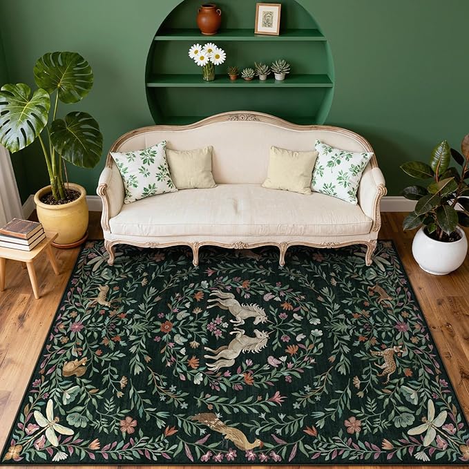 STARUIA 8x10 Area Rugs for Living Room, Unicorn Floral Non-Slip Washable Rugs, Farmhouse Moroccan Vintage Animal Large Girls Area Rug for Bedroom, Carpet for Dining Room Nurseries(Forest Green8'x10')