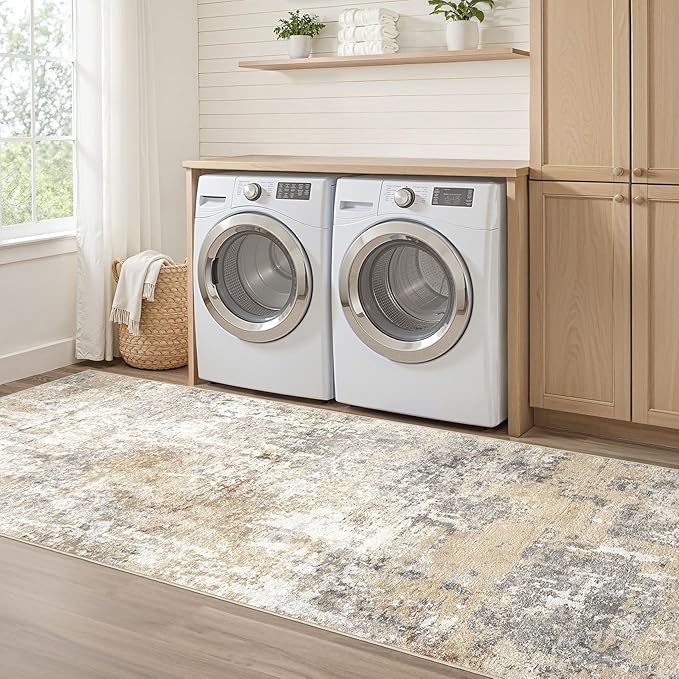Runner Rug Kitchen Washable Rugs: 3x10 Non-Slip Abstract Soft Modern Stain Resistant Indoor Floor Neutral Accent Throw Carpet for Hallway Bathroom Laundry Room Entryway Bedroom- Gray Gold