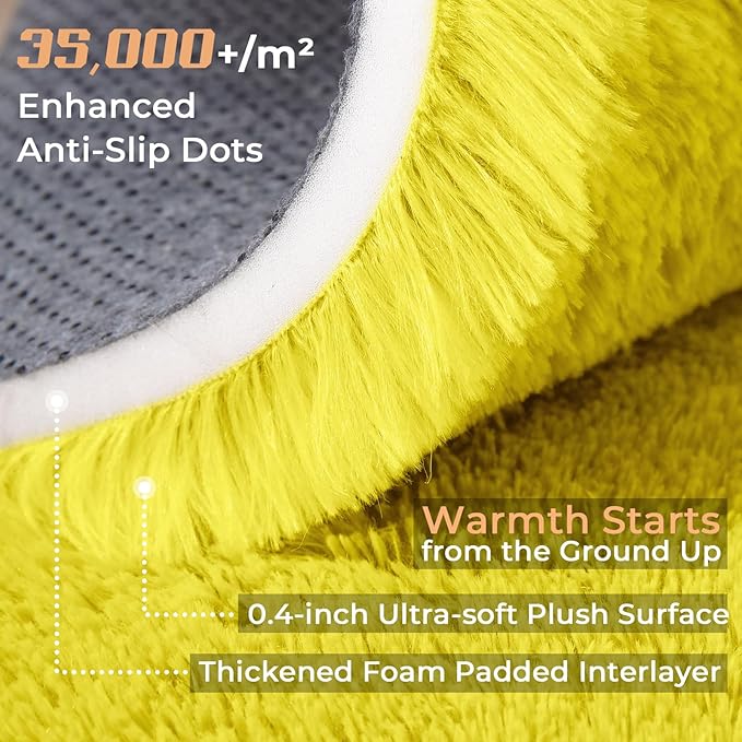 OPPODREAM 4ft Yellow Circle Rug for Bedroom, Ultra-Soft Round Rugs 4-ft for Living Room, Fluffy Carpet for Nursery, Kids, Girl, Boy, Baby, Plush, Fuzzy, Shag, Shaggy, Cute Home Decor