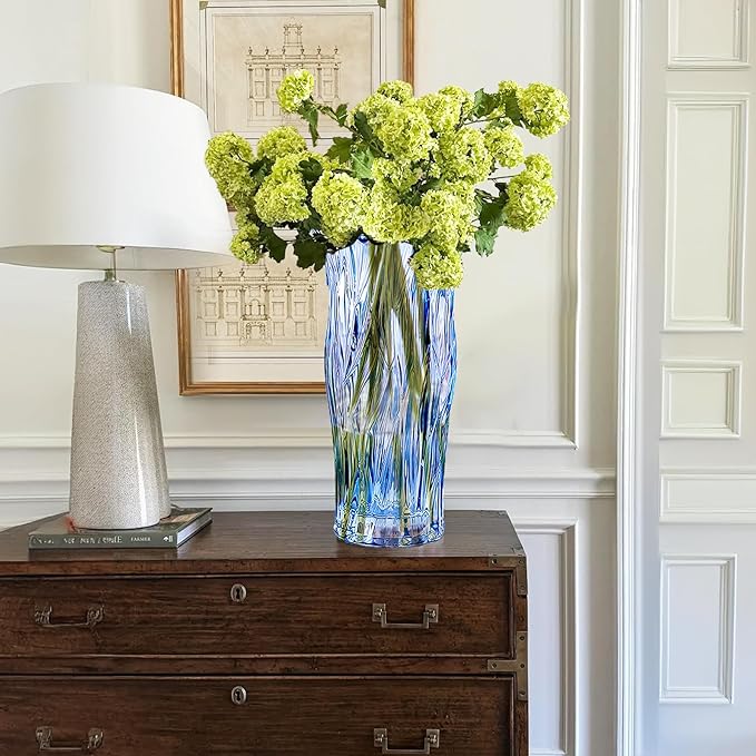 Glass Vase for Flowers, Blue Clear Glass Vases for Centerpieces, Crystal Vase for Home Table Flower Decor 9.1 inches Tall