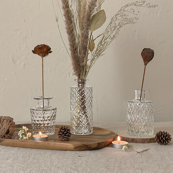 Glass Bud Vase Set of 3 Pcs Small Minimalist Vases for Flowers, Vintage Rustic Home Decor for Table Centerpiece Wedding Party, Modern Clear Aromatherapy Bottle for Living Room Bedroom