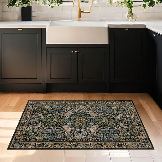 Large Entryway Rugs Indoor - 3x4 Washable Rugs for Kitchen Bedroom Beside Bed Door Mat Indoor Entrance with Moody Woodland Flowers, Non Slip Stain Resistant Low Pile