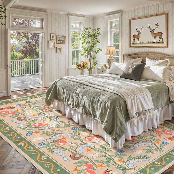 OJIA Washable Rugs 8x10, Soft Floral 8x10 Area Rugs for Living Room, Animal Non-Slip Bedroom Rug Ultra-Thin Boho Large Carpet for Nursery Dining Room Office Kids Playroom, Green