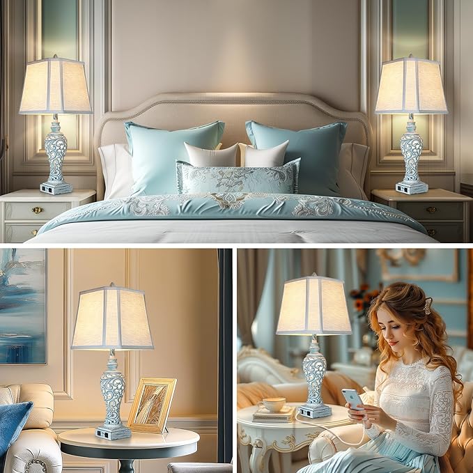 Table Lamp Bedside Lamps Set of 2, 28.5'' Luxsight Farmhouse Table Lamps for Bedroom, Lamps for Nightstands with Night Lights, with USB C+A Ports, Rustic Lamp for Living Room, Bulb Included