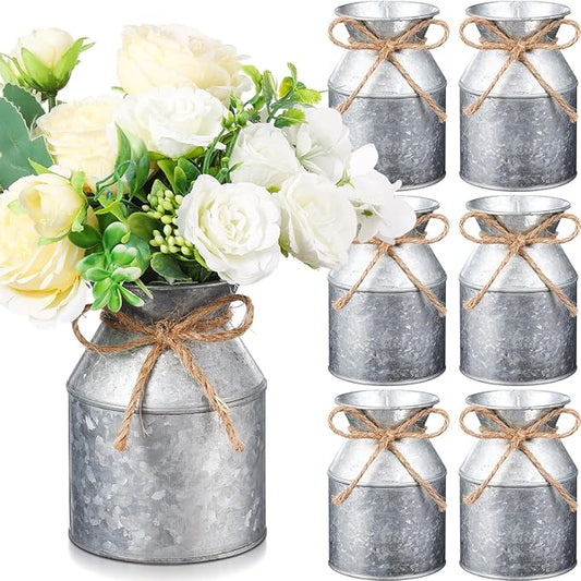 Domensi 5.12 Inch Farmhouse Metal Flower Vase Decor Rustic Galvanized Milk Can Jug Vase with Bow Flower Buckets for Table Centerpiece Fall Halloween Wedding Home Dinging Room Decor(Iron Color,6 Pcs)