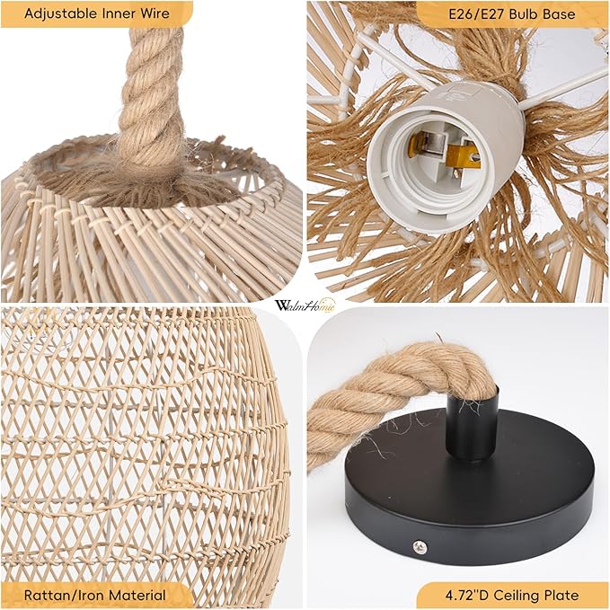 1 Light Boho Chandelier Rattan Dining Lighting Fixture, 13.77''W Woven Hemp Rope Kitchen Pendant Light, Coastal Wicker Natural Ceiling Hanging Lamp Crafts Lampshade for Bedroom Living Room